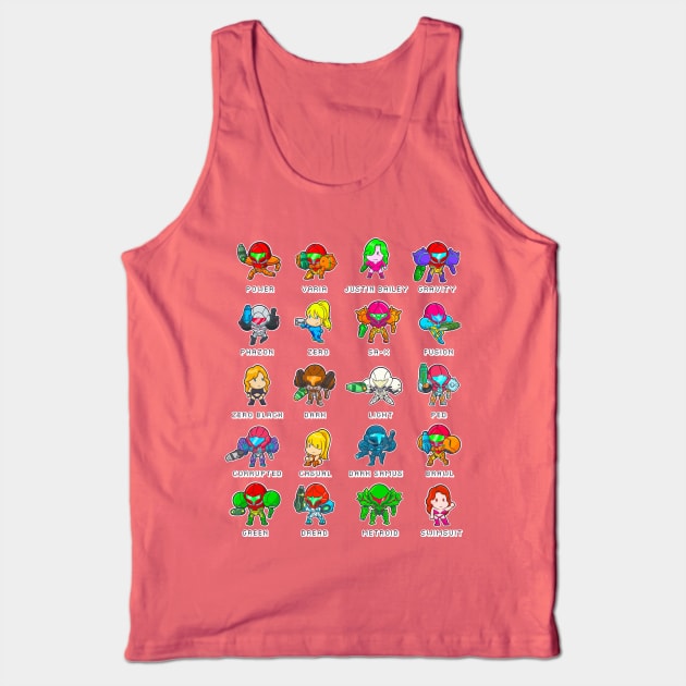 The Many Suits of Samus Tank Top by DrawingsFromHell